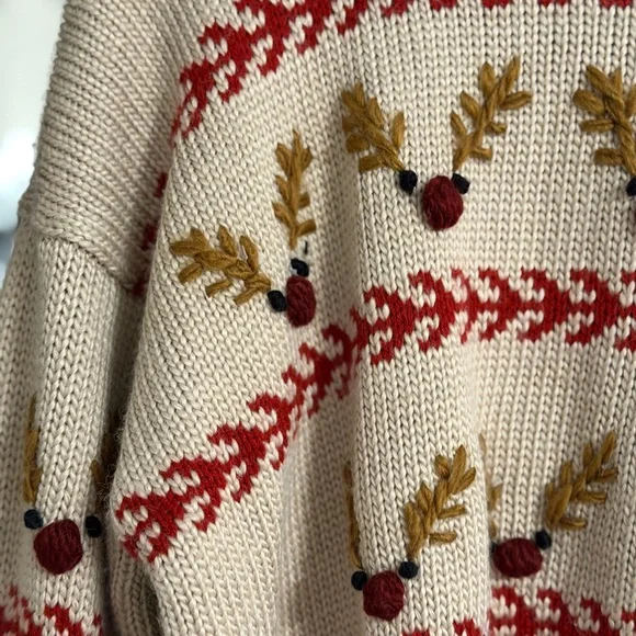 Zara Cream Sweater with reindeer Red and Gold Details - Picture 3 of 6